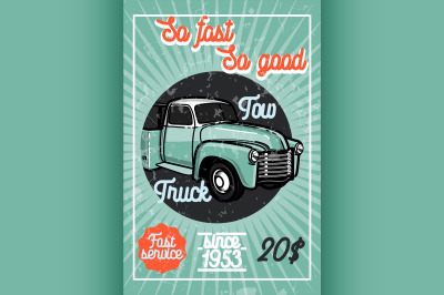 Color vintage car tow truck poster