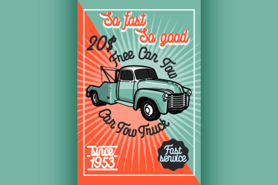 Color vintage car tow truck poster