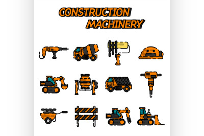 Construction machinery flat icon set