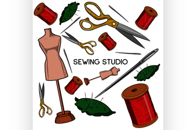 Colored hand drawn sewing icons set