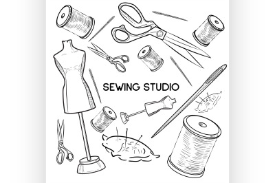 Colored hand drawn sewing icons set