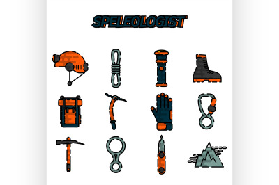 Speleologist flat icon set