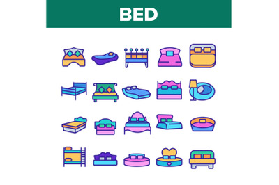 Bed Bedroom Furniture Collection Icons Set Vector