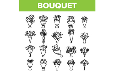 Bouquets, Bunches Of Flowers Vector Icons Set