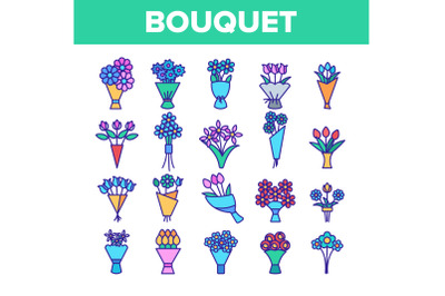 Bouquets, Bunches Of Flowers Vector Icons Set