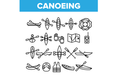 Canoeing, Active Rest Vector Thin Line Icons Set