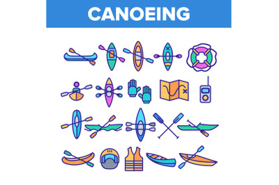 Canoeing, Active Rest Vector Color Line Icons Set