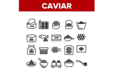 Caviar Tasty Seafood Collection Icons Set Vector