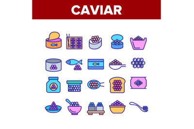 Caviar Tasty Seafood Collection Icons Set Vector