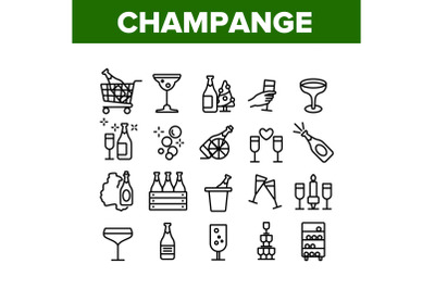 Champagne Beverage Collection Icons Set Vector