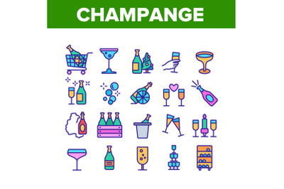 Champagne Beverage Collection Icons Set Vector