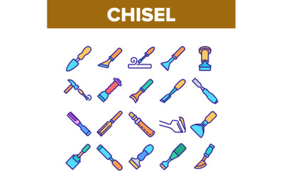 Chisel Carpentry Tool Collection Icons Set Vector