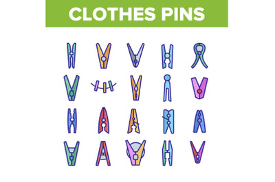 Clothes Pins Fasteners Collection Icons Set Vector