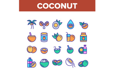 Coconut Food Collection Elements Icons Set Vector