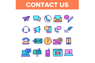 Color Contact Us, Call Center Vector Linear Icons Set