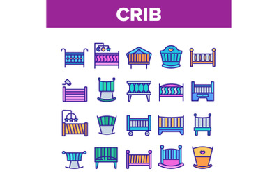 Crib Baby Infant Bed Collection Icons Set Vector