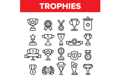 Trophies And Medals For First Place Vector Linear Icons Set