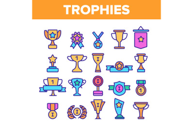 Trophies And Medals For First Place Vector Linear Icons Set