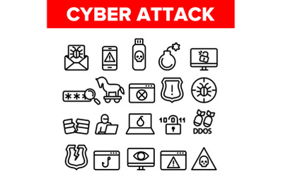 Collection Cyber Attack Elements Icons Set Vector