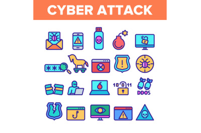 Color Cyber Attack Elements Icons Set Vector