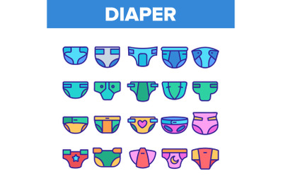 Color Baby Absorbent Diapers Vector Linear Icons Set