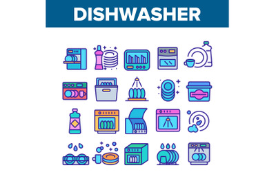 Dishwasher Utensil Collection Icons Set Vector