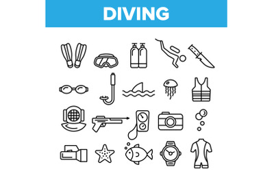 Scuba Diving Equipment Vector Linear Icons Set