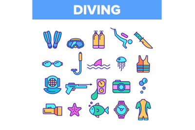 Color Scuba Diving Equipment Vector Linear Icons Set