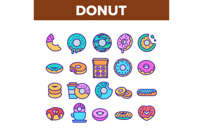 Donut Sweet Breakfast Collection Icons Set Vector