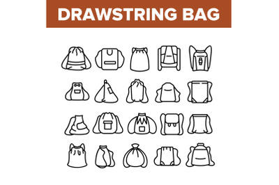 Drawstring Bag Travel Accessory Icons Set Vector