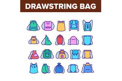 Drawstring Bag Travel Accessory Icons Set Vector