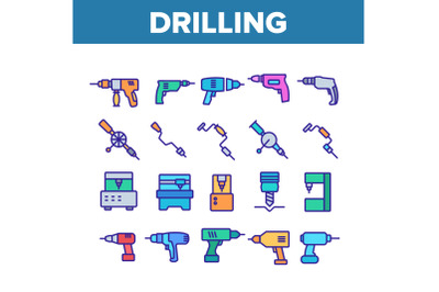 Drilling Equipment Collection Icons Set Vector