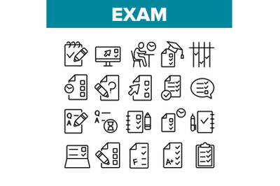 Exam Test Collection Elements Icons Set Vector