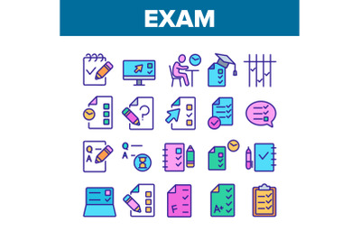 Exam Test Collection Elements Icons Set Vector