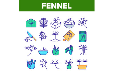 Fennel Flowering Plant Collection Icons Set Vector