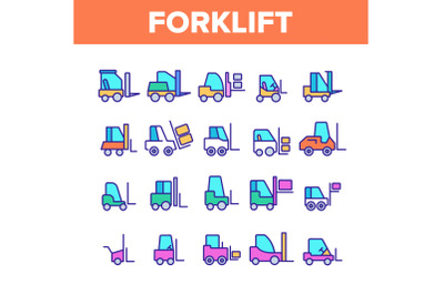 Color Forklift, Lift Truck Vector Linear Icons Set