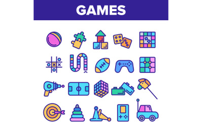 Color Kids Games Vector Thin Line Icons Set