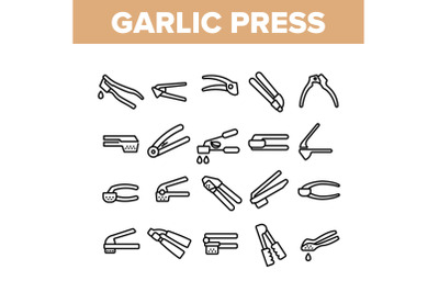 Garlic Press Utensil Collection Icons Set Vector