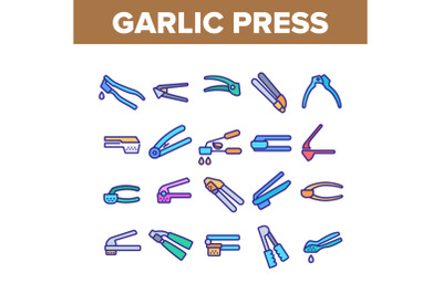 Garlic Press Utensil Collection Icons Set Vector