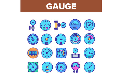 Gauge Meter Equipment Collection Icons Set Vector