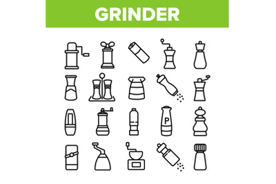 Grinder Pepper Salt Collection Icons Set Vector