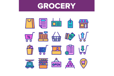 Grocery Shop Collection Elements Icons Set Vector