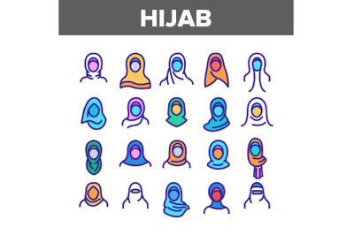 Hijab Collection Muslim Elements Icons Set Vector