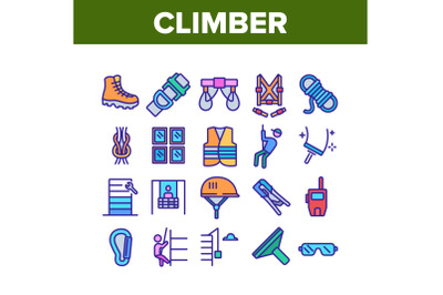 Climber Equipment Collection Icons Set Vector