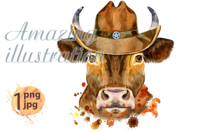 Watercolor illustration of a red bull in a cowboy hat