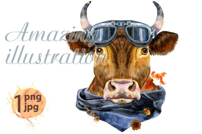 Watercolor illustration of a red bull with biker sunglasses