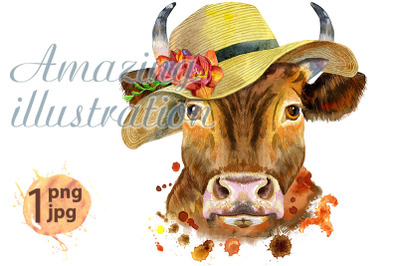 Watercolor illustration of a red bull in summer hat with freesia