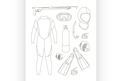 Vector icons set of diving equipment