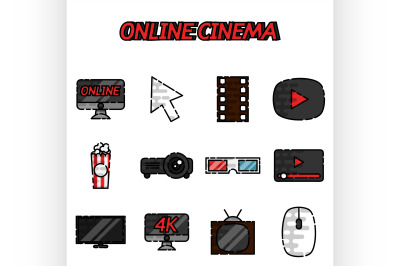 Online cinema flat icons set