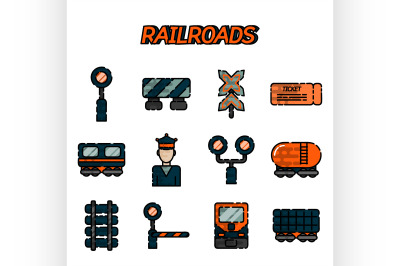 Railroads flat icons set